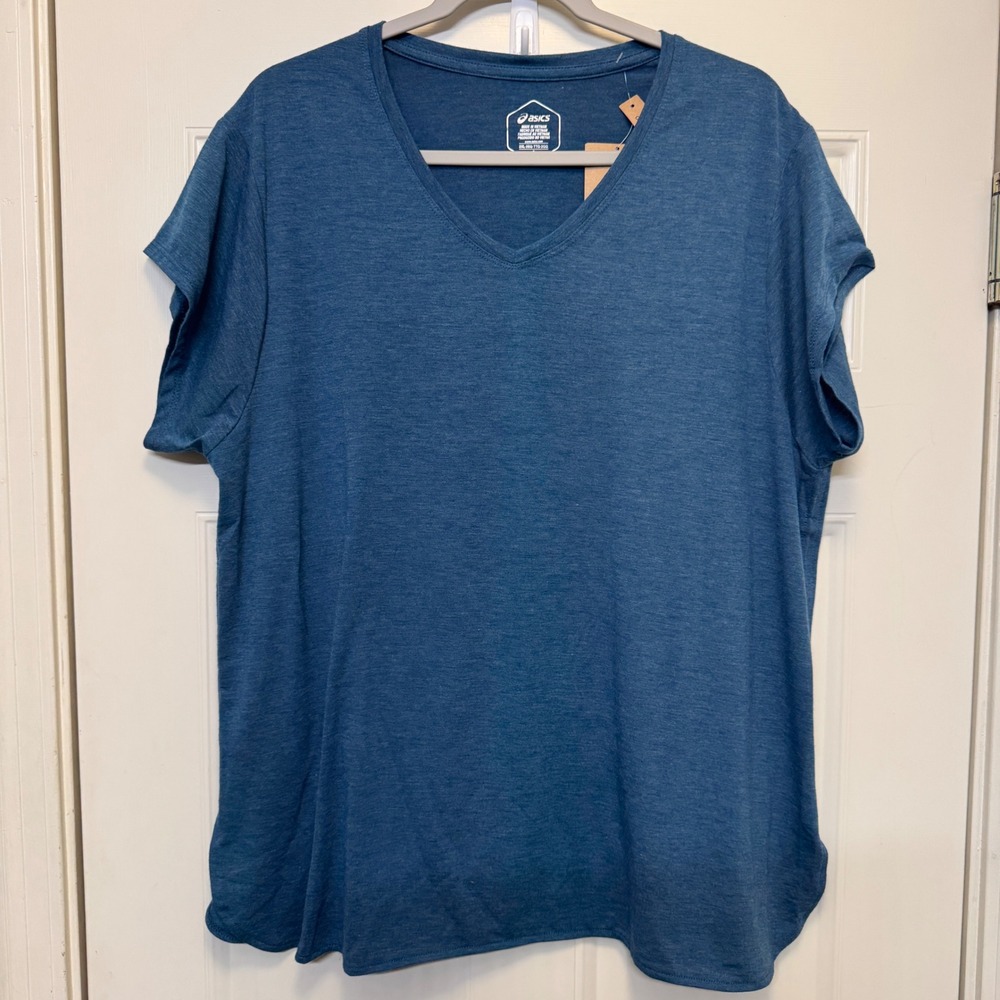 Asics Womens V-Neck Top 2XL Blue Heathered Short Sleeve Activewear Athleisure